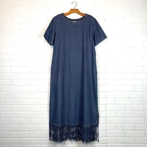 Vintage 90’s Western Denim Fringe Boho Midi Dress L